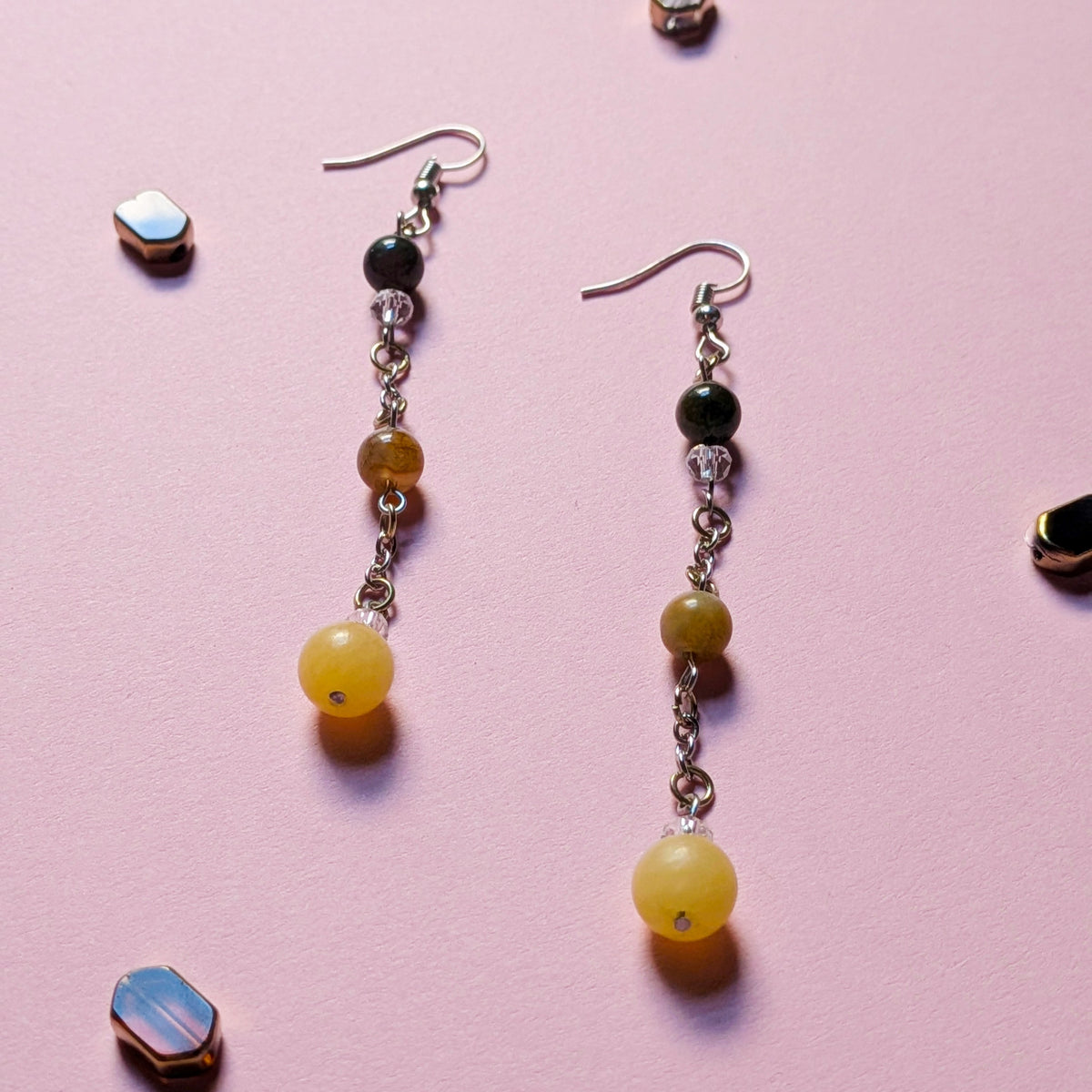 UniquelyYou handcrafted beaded drop earrings featuring yellow and forest green stones on silver-tone chains.