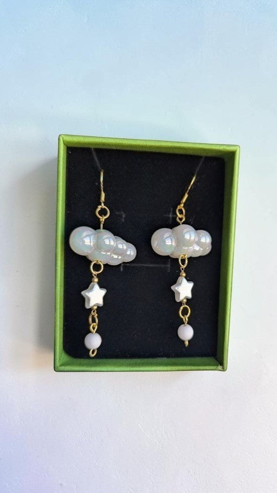 UniquelyYou iridescent cloud and star dangle earrings with gold-tone chain and white bead accents.