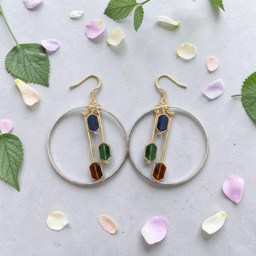 UniquelyYou geometric gold-tone hoop earrings with dangling faceted blue, green, and amber beads.