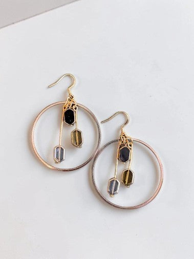UniquelyYou gold-tone hoop earrings with dangle charms featuring faceted blue and green beads.