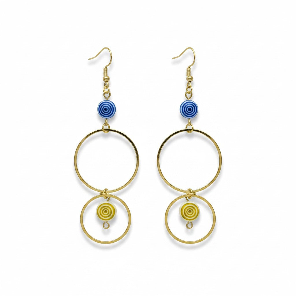 UniquelyYou gold-tone double hoop earrings with blue and yellow swirled beads.